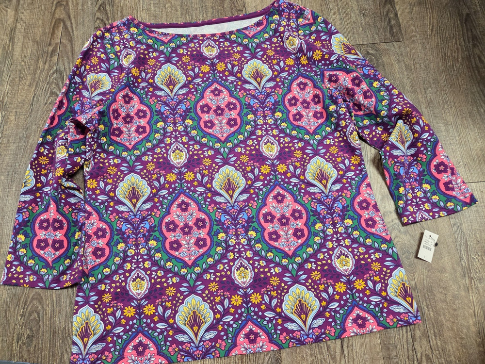 Talbots Tee NWT Purple Floral 3/4 Sleeve Blouse Top Shirt Size Large